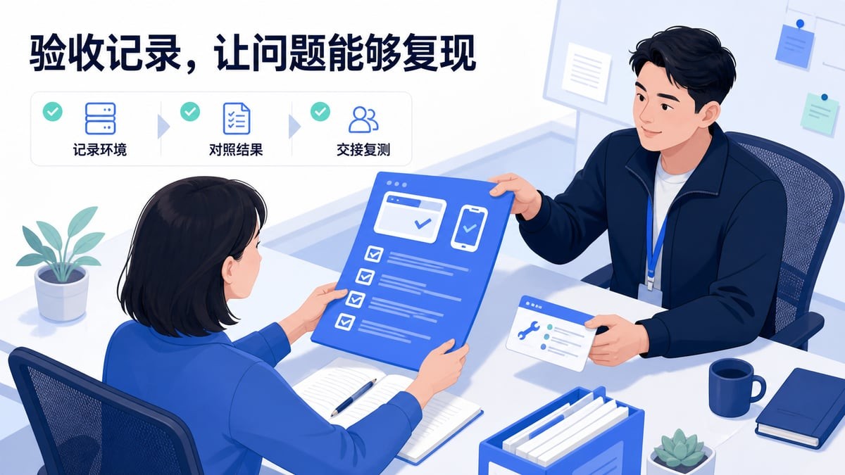 美洽网站客服验收交接示意：记录环境、对照结果并安排问题修复后的复测