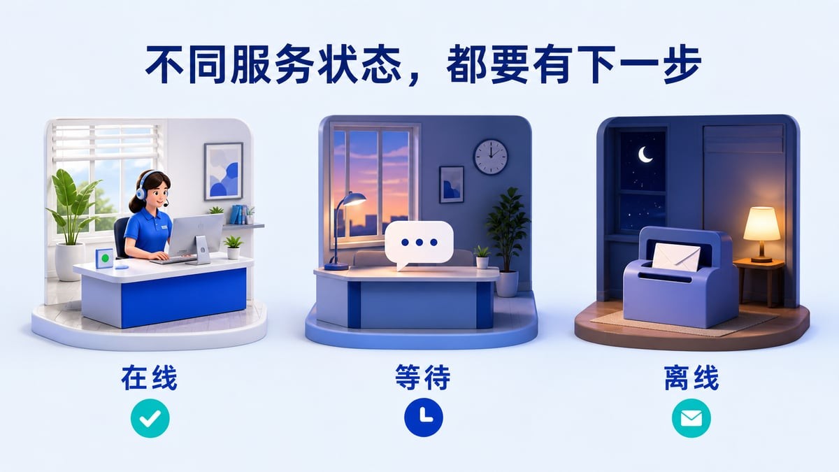 美洽客服服务状态验收示意：在线、等待和离线场景分别检查访客可执行的下一步