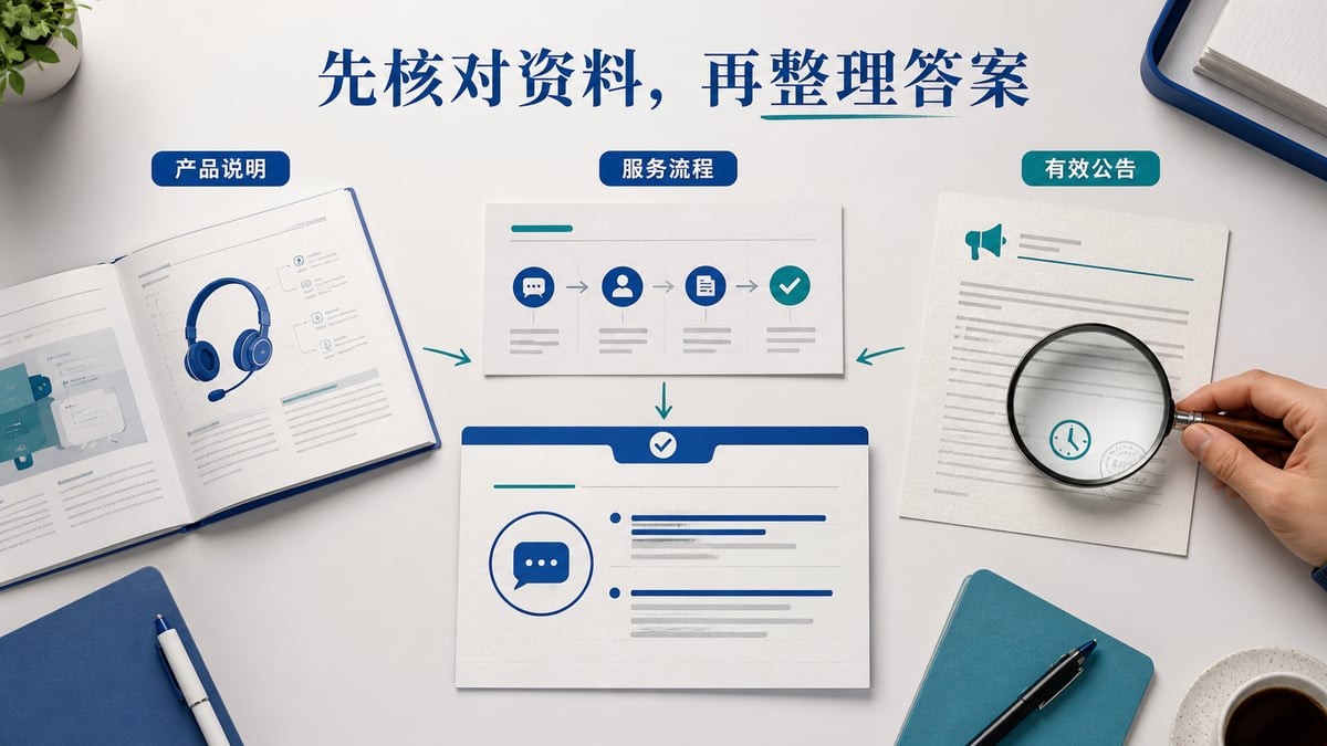美洽知识库资料整理示意：核对产品说明、服务流程与有效公告后编写答案