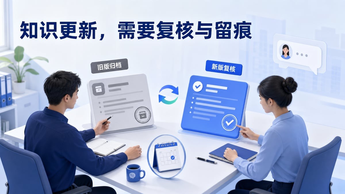 美洽知识更新复核示意：对照旧版内容、核实新说明并保留维护记录