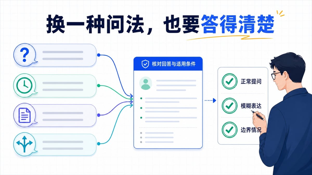 美洽客服知识问法测试示意：分别检查正常提问、模糊表达与边界情况