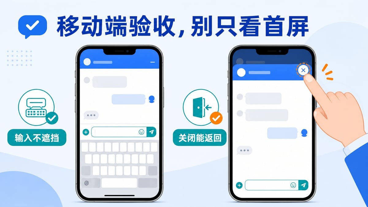 美洽网站客服移动端验收示意：检查键盘弹起后的输入区域以及关闭窗口后的返回体验