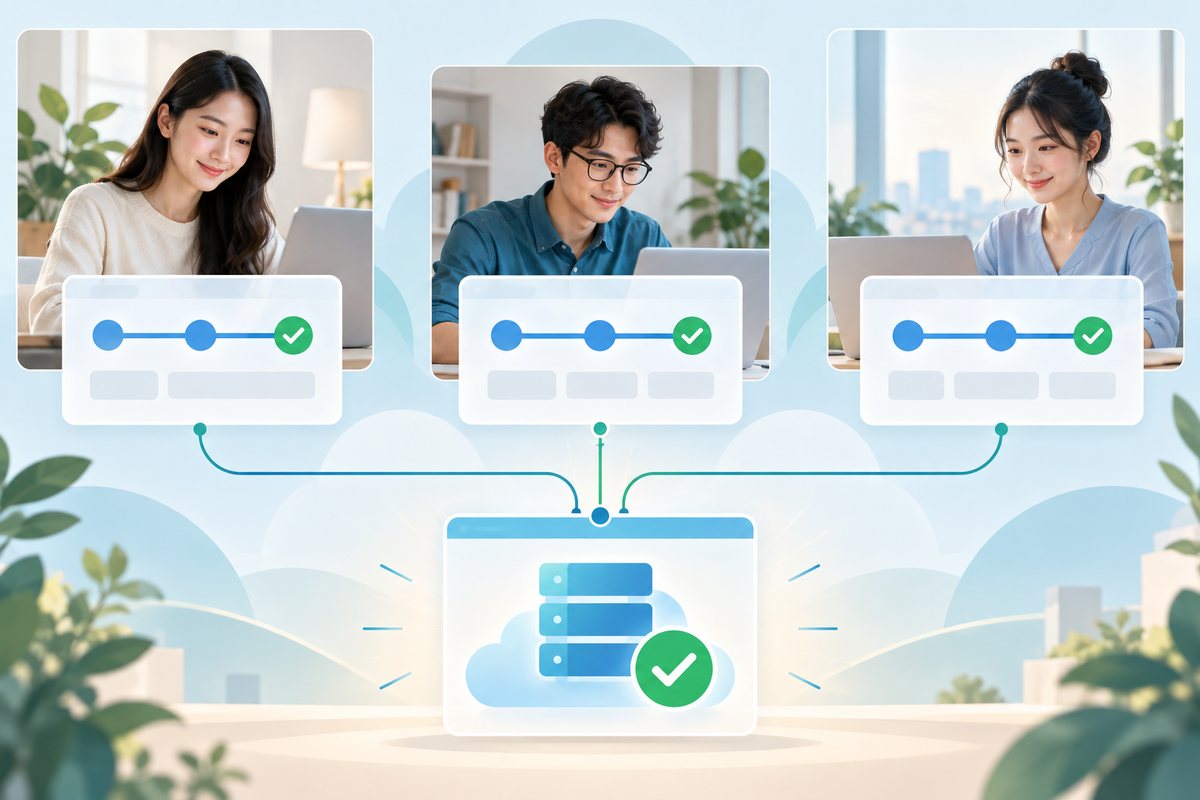 多个抽象用户画面分别完成同一流程，验证标记表示不同场景已检查