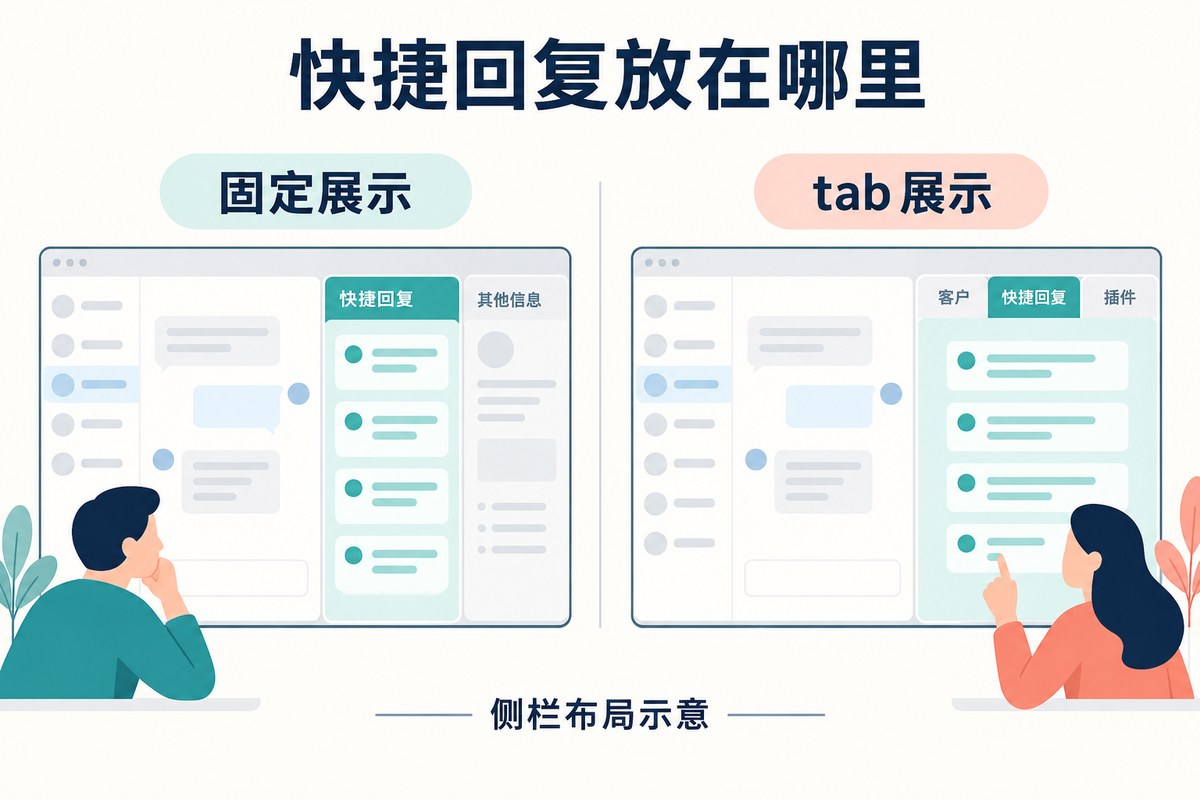 美洽快捷回复固定展示和 tab 展示的侧栏布局示意
