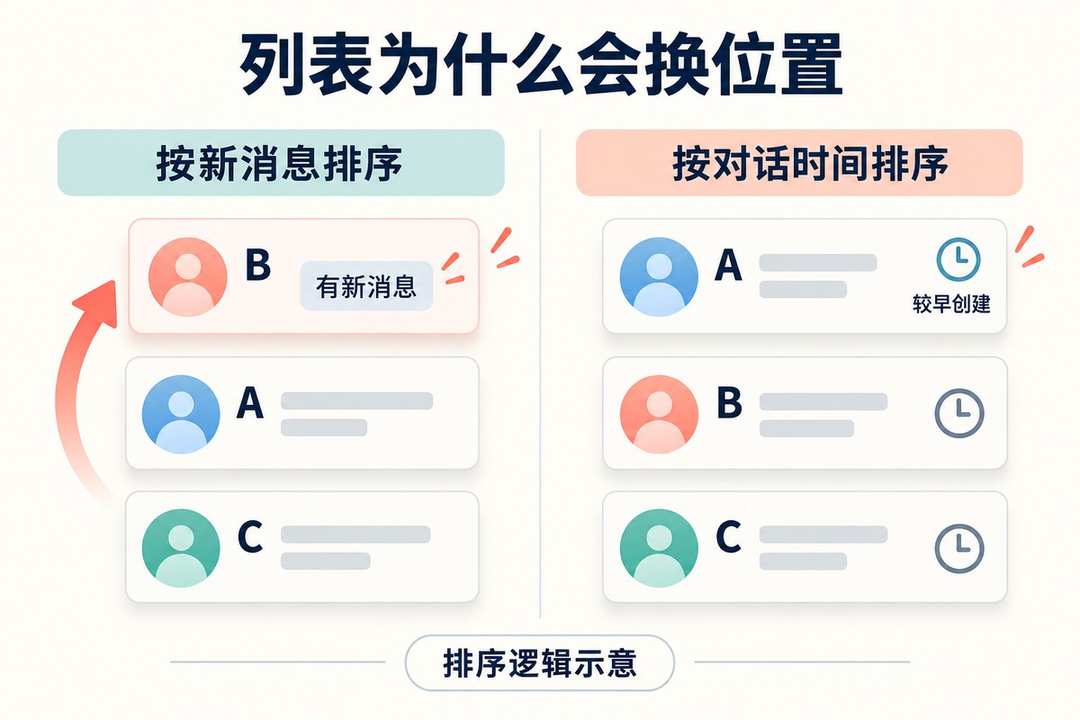 按新消息排序与按对话创建时间排序的逻辑比较示意