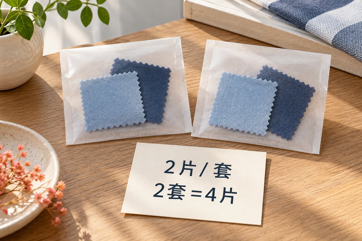 两组各含两片的蓝色布料与单位换算卡
