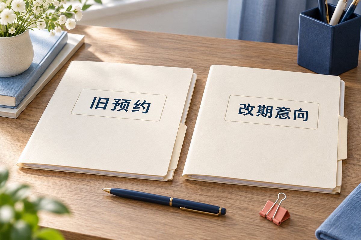 分别标为旧预约和改期意向的两份文件夹