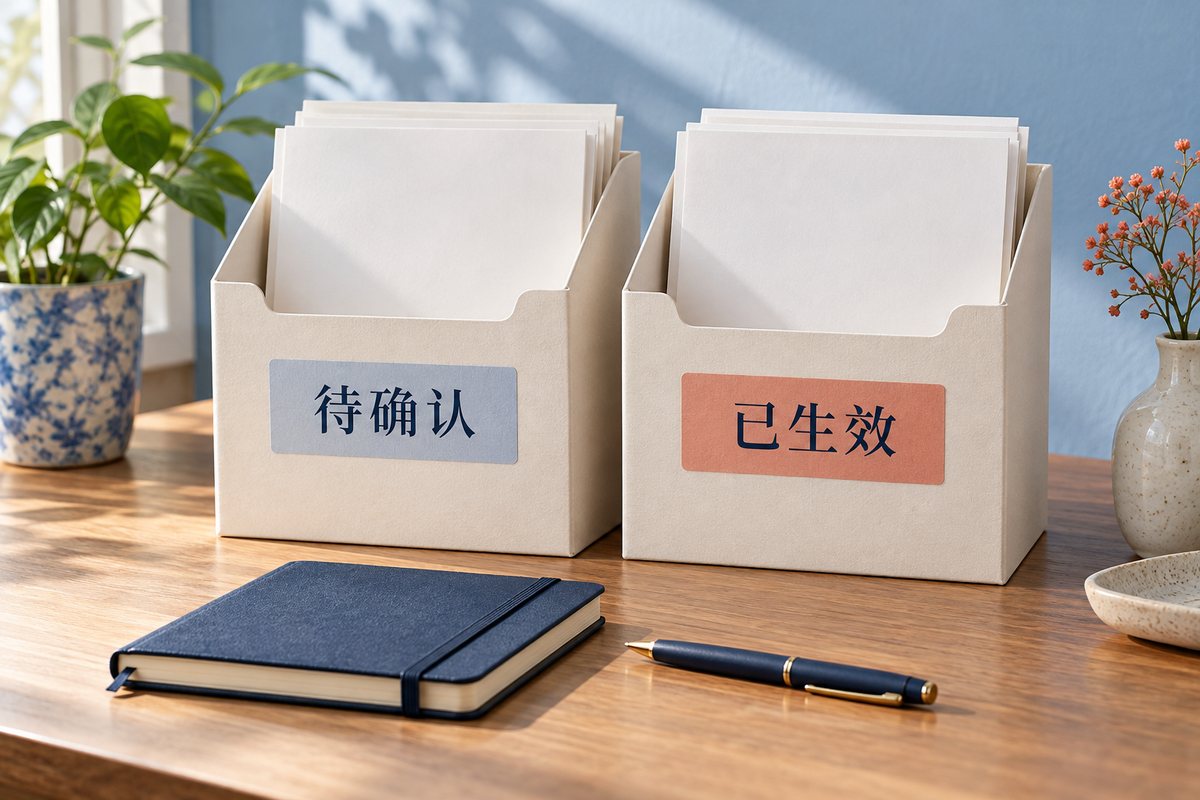 分别写有待确认和已生效的两份状态资料袋