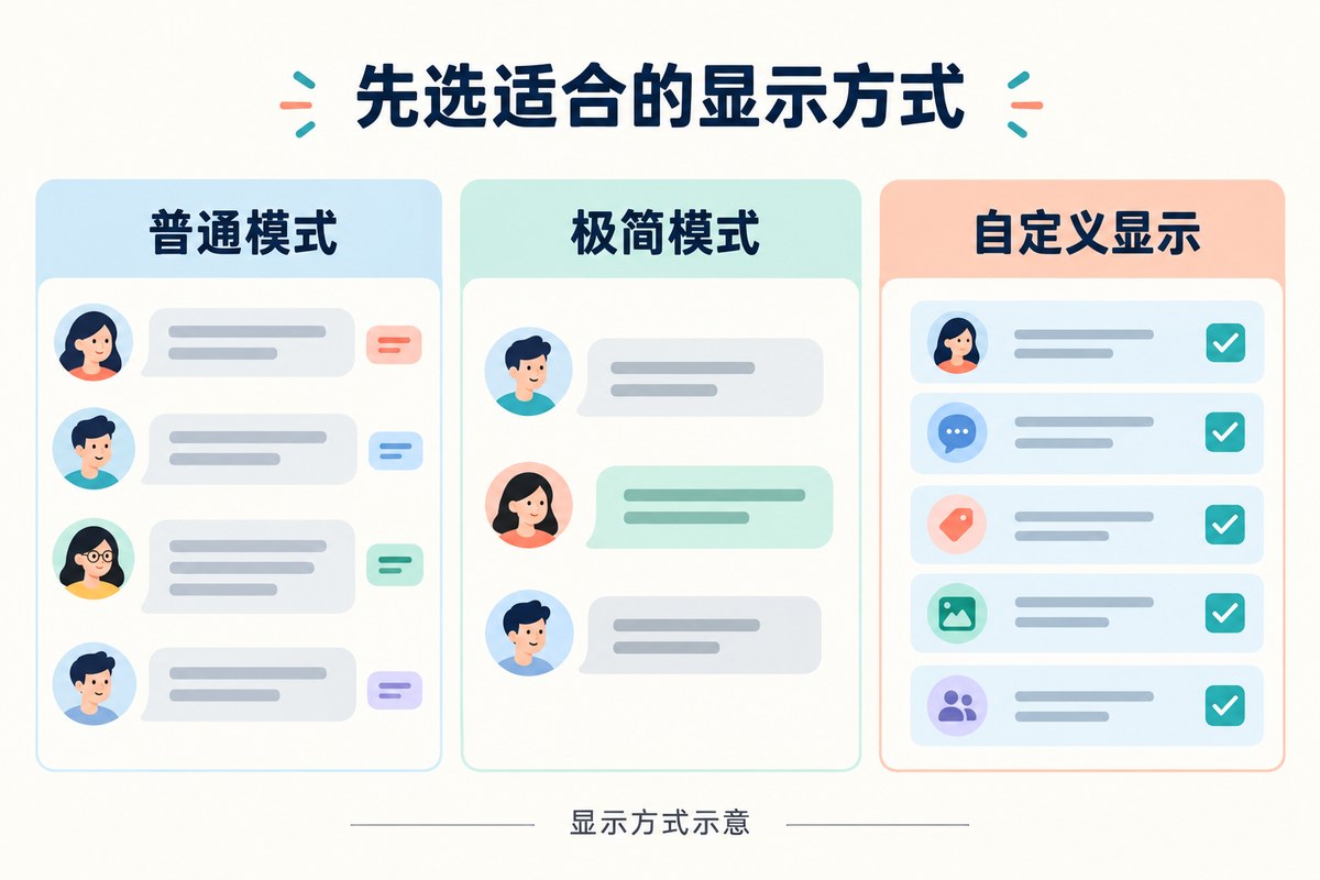 美洽对话列表普通模式、极简模式与自定义显示的原创比较示意