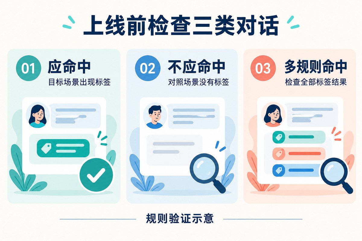 自动标签规则应命中、不应命中和多规则命中的三类测试示意